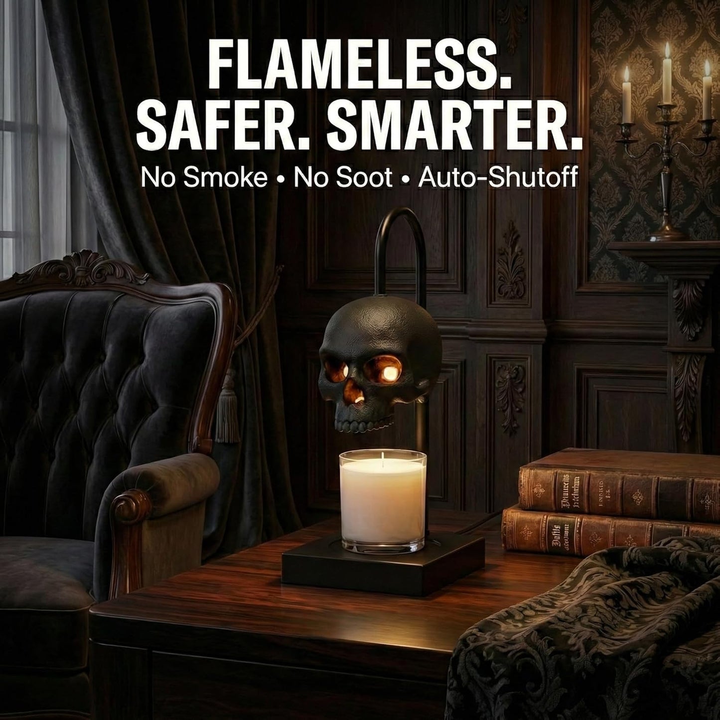 💀Skull Candle Warmer Lamp with Timer and Dimmer *Candles NOT Included – Black Gothic Candle Lamp Warmer w/Adjustable Height, 2 Light Bulbs
