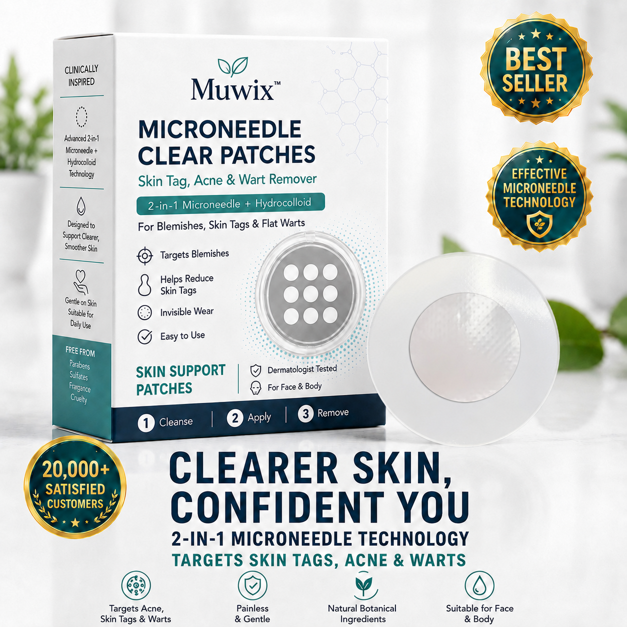 🔥Muwix®2-in-1 Microneedle & Hydrocolloid Patch🍀| Removes Raised Moles, Acne, Flat Warts & Skin Tags | Helps Improve Wrinkles, Scars & Blemishes | Invisible Patches for Face & Body